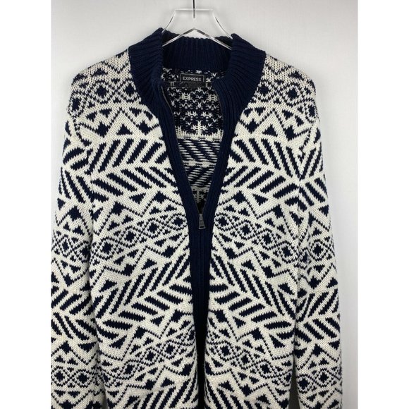 Vintage Express Navy & White Zip Front Chunky Knit Cardigan Sweater Size M - Picture 4 of 8